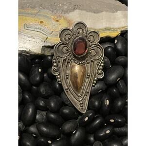 Vintage Sterling Silver & Brass Scroll Pin Brooch Teardrop Cluster Ruby Garnet